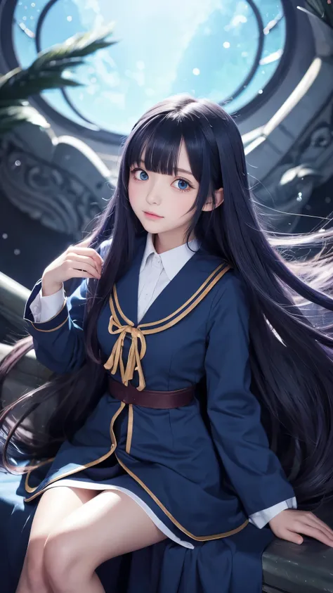 Anime illustration, long indigo hair, large eyes, small mouth, age 16, wearing navy blue wizard&#39;s uniform, Thin Clothing, lightweight clothing, 