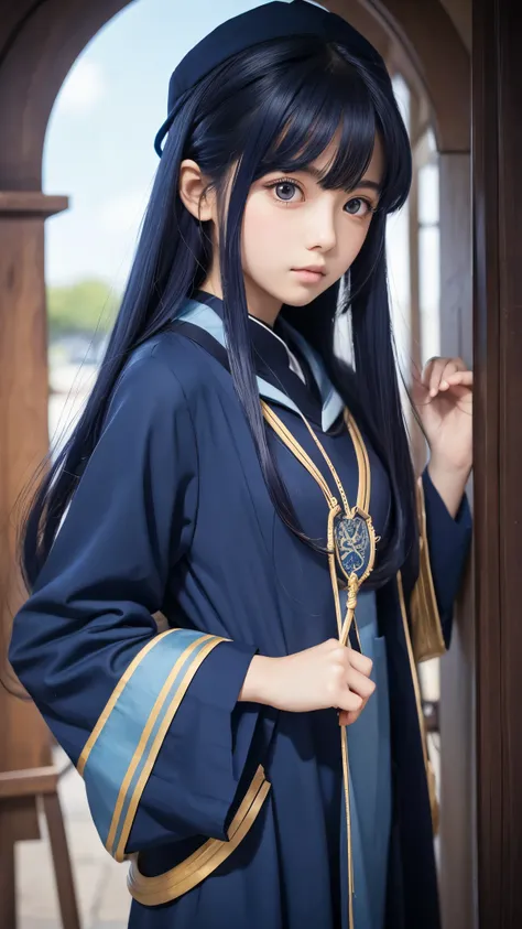 Anime illustration, long indigo hair, large eyes, small mouth, age 16, wearing navy blue wizard&#39;s uniform, Thin Clothing, lightweight clothing, One girl, solo, Anatomically correct, High resolution, Ultra high definition, Very detailed, Textured skin, 