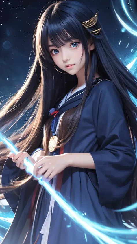 Anime illustration, long indigo hair, large eyes, small mouth, age 16, wearing navy blue wizard&#39;s uniform, Thin Clothing, lightweight clothing, One girl, solo, Anatomically correct, High resolution, Ultra high definition, Very detailed, Textured skin, 