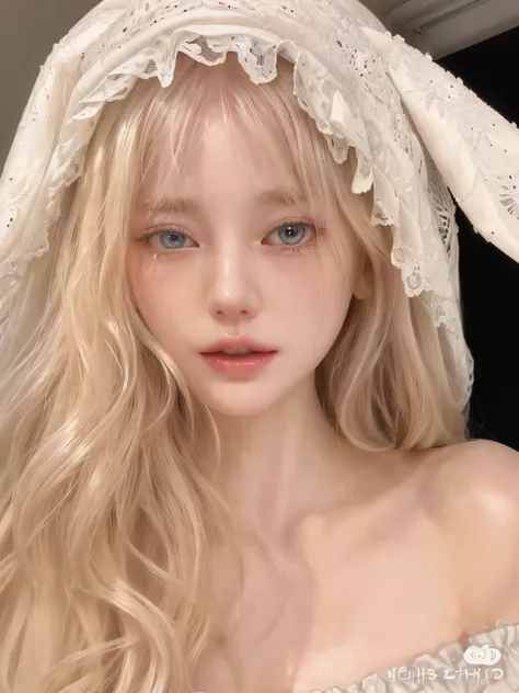 Blonde girl with white lace cap and long hair., pale porcelain white skin, light and pale skin!!, ulzzang, pale white face, Albino pale white skin, pale, shiny skin, pale skin - white, combine, pale ivory skin, pale ivory skin, pale white skin, pale porcel...