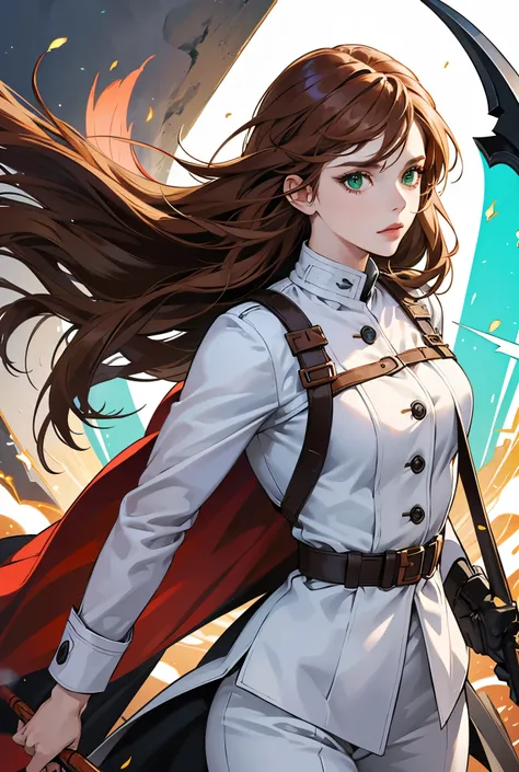 A woman, as a superhero, white outfit, mask, a scythe as a weapon, green eyes, copper brown hair, challenging look, heroic pose, looking at the viewer, The best quality, Anatomically correct, high details, fringe, 