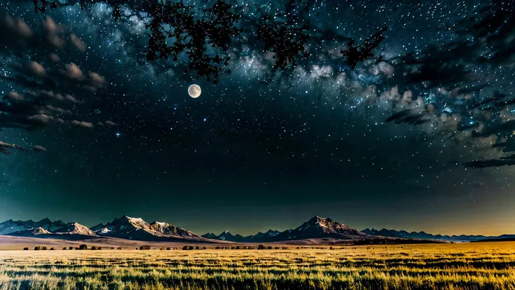 Expansive landscape photograph, large plains, night sky , (full moon: .8), (shooting star: 0.4), (nebula: .4), distant mountain, Green grass, vast stary sky, (highest quality ), 4k, ultra-detailed, (dynamic configuration: 1.4), highly detailed