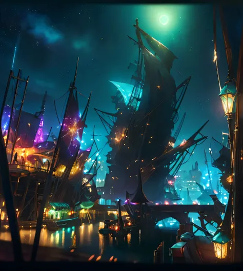 best quality, high_resolution, distinct_image, detailed background , open sea, docks by city, fantasy, teal banners, night, stars, bright lights