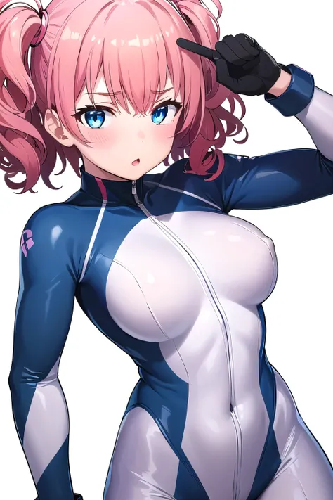 1 girl,boyish, curly hair, pink Hair, medium Breasts, glossy tight zero suit,blush,blue eyes,Tight fit,clearly,Striped pattern, (white background:1.3)