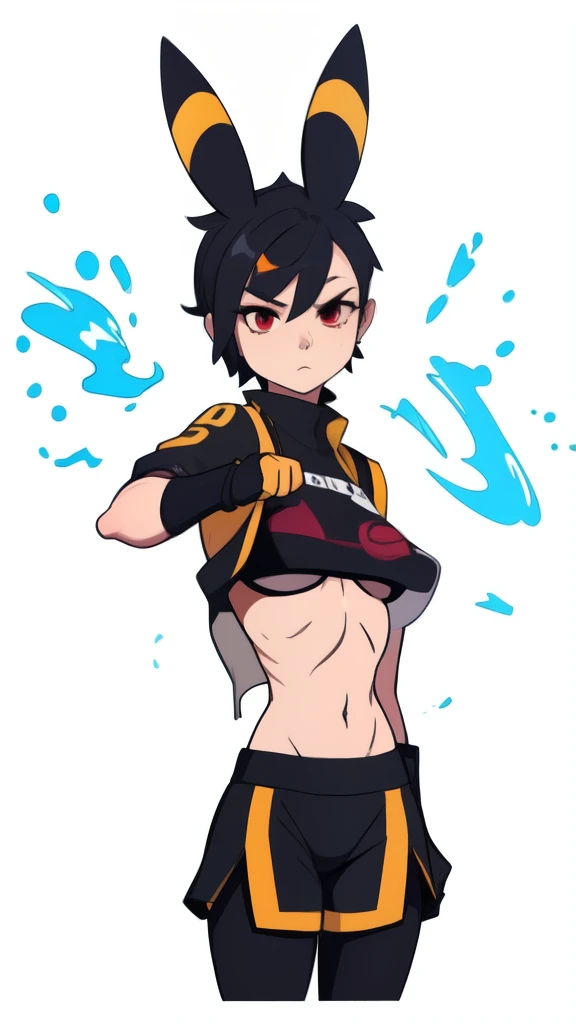 A muscular young woman with jet-black hair styled in a pixie cut, sporting sharp, umbreon-like ears and piercing red eyes. She wears an open black leather jacket over a vibrant pink sports bra, showcasing her toned figure with a slim waist and small breast...