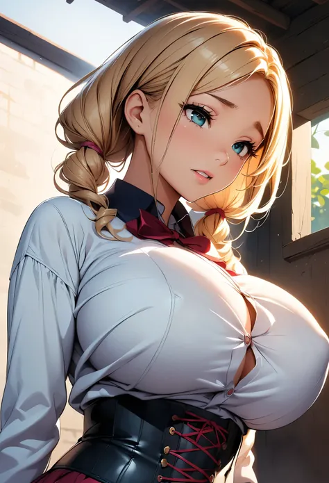 (Highest quality:1.24, Very detailed, Delicate and beautiful CG art, Detailed illustrations, Attention to detail, masterpiece:1.2, Highest quality, Best aesthetics), (((1 person))), (Tomoe Mama, White shirt with big breasts bulging and popping buttons open...