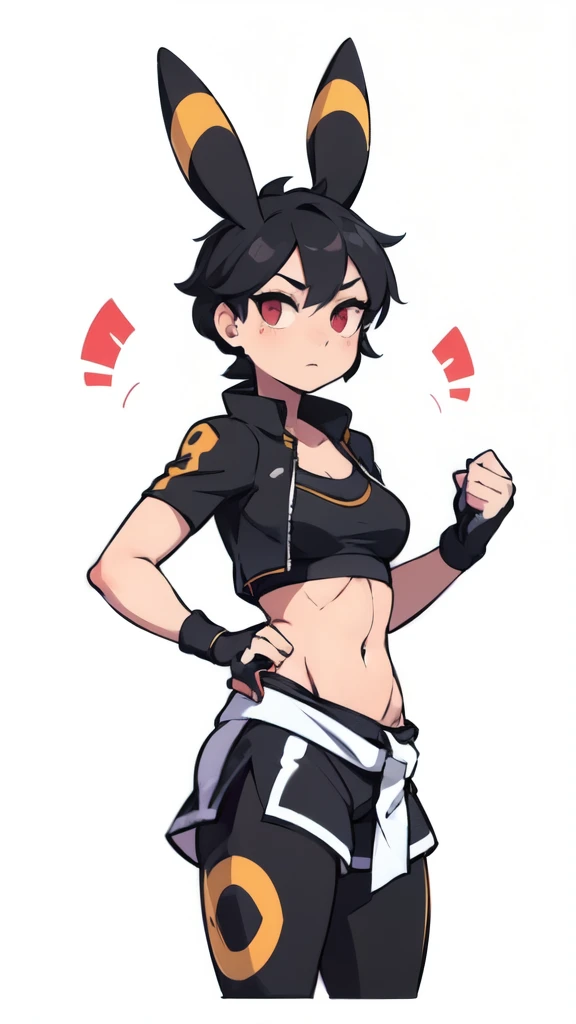 a muscular young woman with jet-black hair styled in a pixie cut, sporting sharp, umbreon-like ears and piercing red eyes. she w...