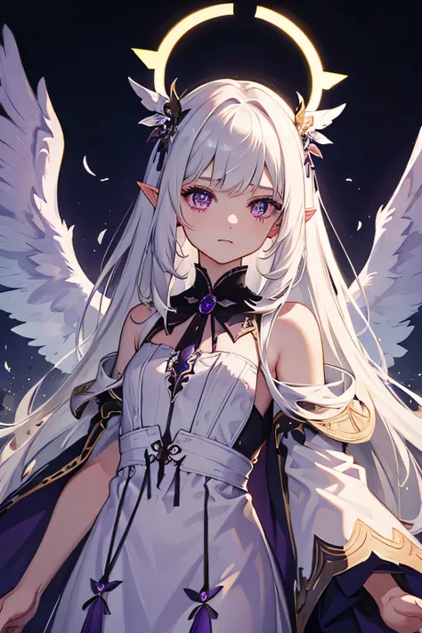 a female angel with long wings, with long white hair and purple eyes. wears a peasant dress, black with purple. small feathers above the ears. euni face
