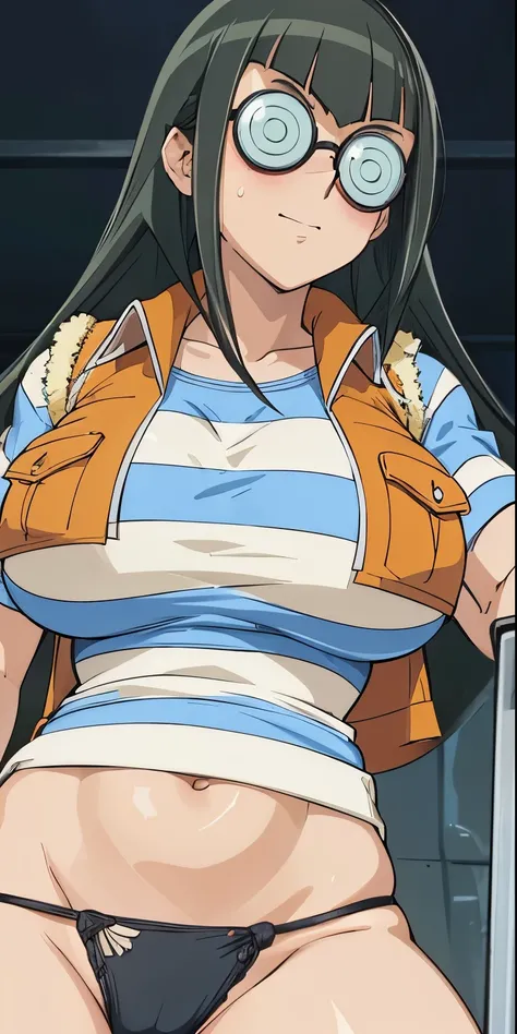 1 Female,High definition,high resolution,Ultra-realistic,8K, CC,1girl,glasses,vest, striped shirt, striped sleeves,HDR, UHD,European,sexy,Upper body close-up,Photographed from the front,Dynamic Angles,blush, (huge tits), happy, ((wink the eye)),facial, swe...