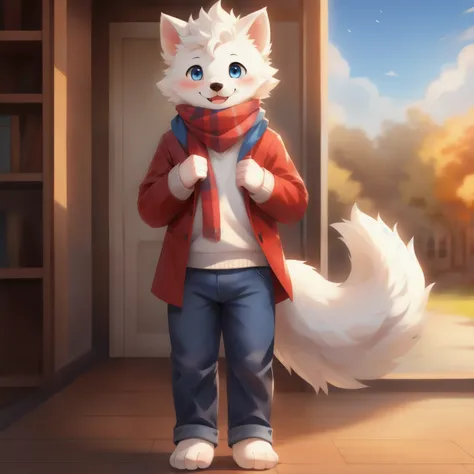 Samoyed, boy, Cuteness, blush, happy face, Blue eyes, red jacket, jeans, bare foot, standing, scarf,