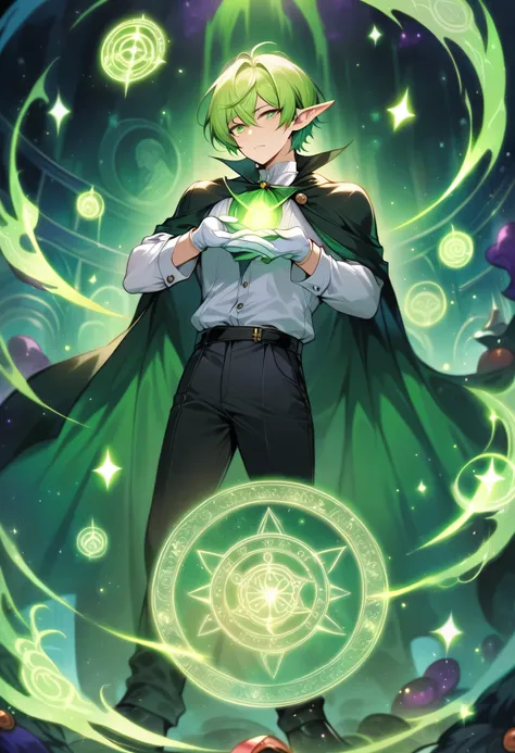 masterpiece, detailed, Best Quality , light green hair Bright light , masculine , (green eye and demonic green eye) , white gloves , black pants , White shirt , white cover with purple details , black boots , magic circle , dark magic hands , magician hat ...