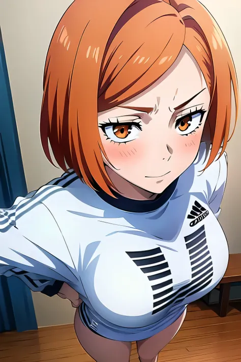 (masterpiece, best quality:1.2), 1girl, female solo, orange eyes, short hair, 160 cm, ginger hair, adidas outfit.