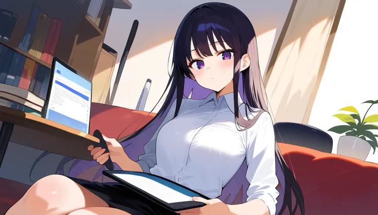 score_9, score_8_up, score_7_up, best quality, 1 lady, black long hair, purple slant eyes, look at viewer, white collard shirt, black skirt, tablet on hand, sits middle of study room cluttered with books