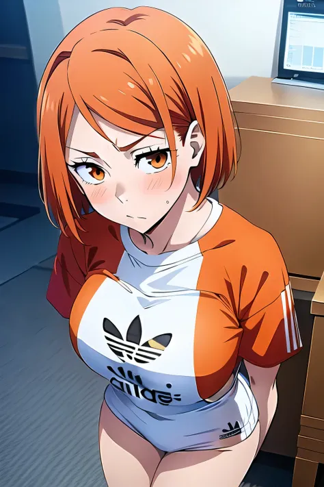 (masterpiece, best quality:1.2), 1girl, female solo, orange eyes, short hair, 160 cm, ginger hair, adidas outfit.