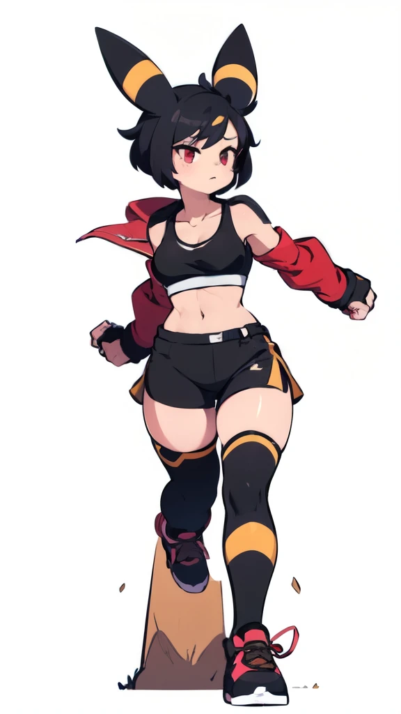 a muscular young woman with jet-black hair styled in a pixie cut, sporting sharp, umbreon-like ears and piercing red eyes. she w...