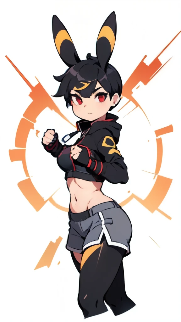 A muscular young woman with jet-black hair styled in a pixie cut, sporting sharp, umbreon-like ears and piercing red eyes. She wears an open black leather jacket over a vibrant pink sports bra, showcasing her toned figure with a slim waist and small breast...