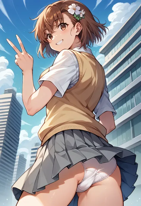 Score_9, Score_8_superior, Score_7_superior, source_anime, Mikoto and Misaka, ミコトがsuperiorがった, Short Hair, Brown Hair, Hair accessories, Hair Flower, Brown eyes, smile, skirt, shirt, uniform, white shirt, Short sleeve, pleated skirt, grey skirt, Sweater ve...