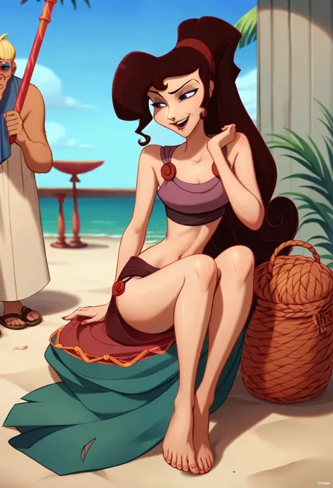 NSFW (nude) (Megara, sparse pubic hair), full body, flirting, sexy, on a deserted tropical beach