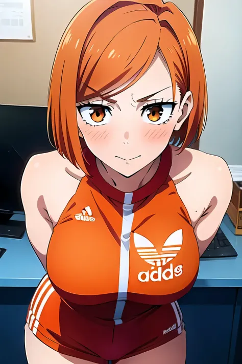 (masterpiece, best quality:1.2), 1girl, female solo, orange eyes, short hair, 160 cm, ginger hair, adidas outfit.