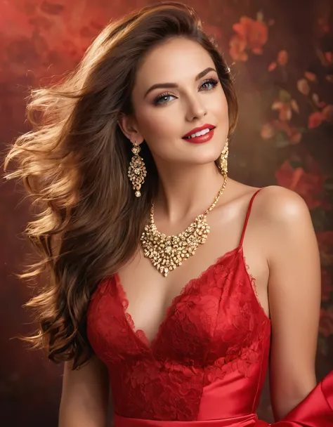 (best quality, Ultra detailed, photorealistic: 1.37), Bright and vibrant colors, studio lighting, playful expression, elegant makeup, Twilight, windblown hair, attractive eyes, Long-lasting lips, confident and seductive smile, knee-high body to the perfect...