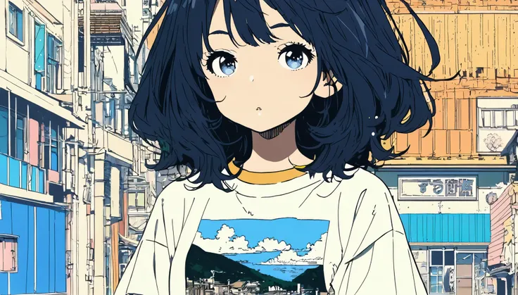 Extremely detailed 8K CG, Very detailed:1.3, Very delicate and detailed face:1.3, (Absurd, Texture, masterpiece), Pop Art, pixiv Contest Winner, by Posuka Demizu, Kyoto as background,Dynamic cartoon style illustration,Over T-shirt.