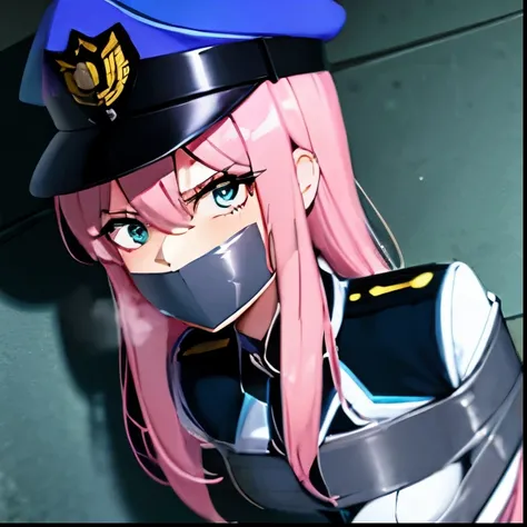 Tape gagged,tape bondage,anime girl,MILF,police uniform with hat,in jail,sad,long hair