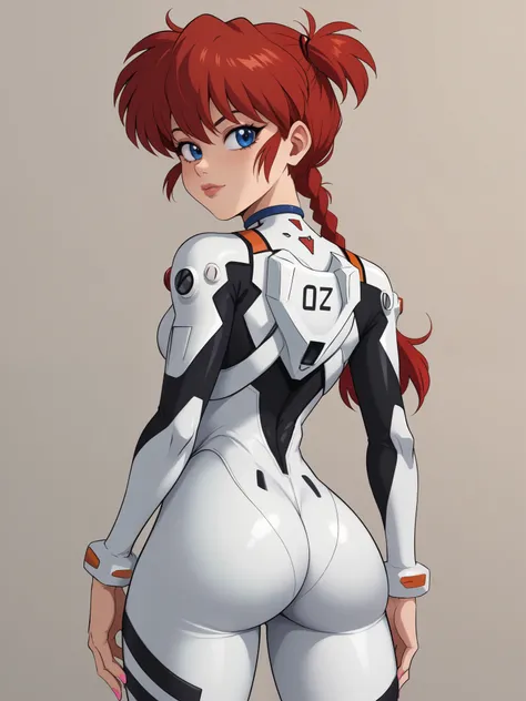 Ranma Saotome. red hair. Blue eyes. pigtail. small saggy breasts. hige hips. slim dody. choker. evangelion suit. black eyeliner. pink manicure. bar. rear view
