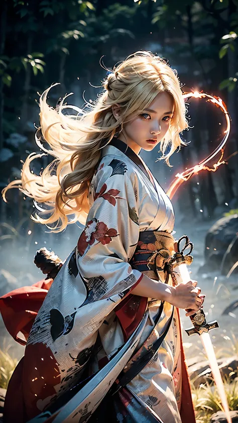 (((((Beautiful eyes, Beautiful Eyes)))))((((Blonde, A red aura around the body, Shining)))), (King, Dynamic, Jump), Survival ((((A colorful kimono with a red base)))), (Ultra HD, Best Quality, High resolution, Surreal, so beautiful), 24000dpi, Beautiful wo...