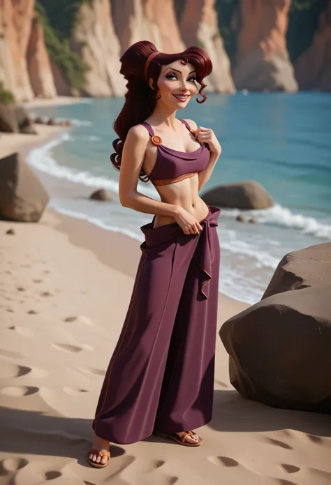 NSFW, Megara, full body, sexy, flirting, beside a (furry white bull) on a deserted rocky beach