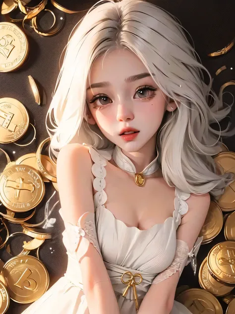 white haired cute anime girl wearing a white dress, throwing gold coins, medium breast, full body, blank background