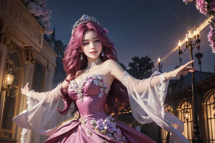 ( Absurdly,high quality , Very detailed,32K,High image quality,Ultra HD)、(((Magenta Hair)))、(((Smiling Rose Queen dancing at the evening ball)))、(((The royals and nobles are in attendance.、Royal or aristocratic background)))、(((Gorgeous and luxurious dress...