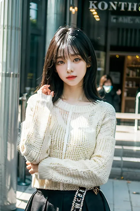 ((Masterpiece, high quality, ultra detailed, photorealistic, best quality, 8K)),  1 Korean girl, black hair, hush cut hair with full bangs, thin cheeks, black long sweater oversized, mini black skirt cute eyes, Kari a Aespa, asymmetries poses, in the town,...