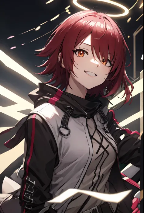 (Safety:1.10), One Anime Girl, The left eye is covered by the bangs, Mischievous smile, A cheerful expression, (Exia_Arknights:1.10), (dynamic), Jump, Cowboy Shot, Illuminated by illuminations, View your viewers, The background is cyberpunk, Best Quality, ...