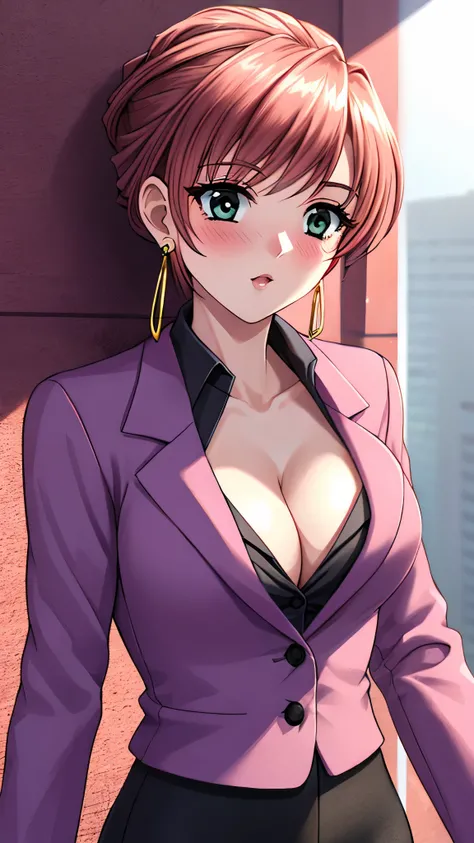 （（super high quality,））（（Ultra-high resolution,））（16k,）（super masterpiece,）（（Ultra HD ,））（Detailed shading,）Upper body photo looking at the camera,One sexy woman,Hair tied up,Pink suit with two buttons fastened,Popped tight open collar BLACK shirts with th...