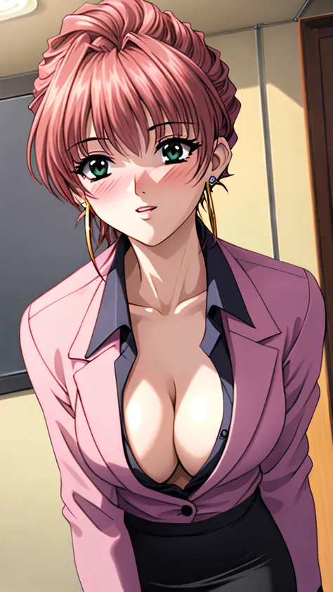 （（super high quality,））（（Ultra-high resolution,））（16k,）（super masterpiece,）（（Ultra HD ,））（Detailed shading,）Upper body photo looking at the camera,One sexy woman,Hair tied up,Pink suit with two buttons fastened,Popped tight open collar BLACK shirts with th...