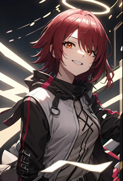 (Safety:1.10), One Anime Girl, The left eye is covered by the bangs, Mischievous smile, A cheerful expression, (Exia_Arknights:1.10), (dynamic), Jump, Cowboy Shot, Illuminated by illuminations, View your viewers, The background is cyberpunk, Best Quality, ...