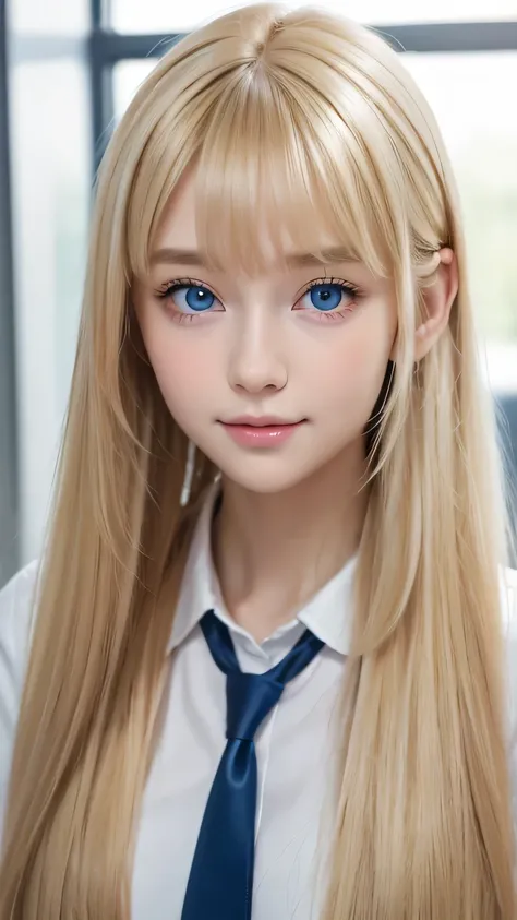 Portrait、School uniform、Very beautiful baby face、Scandinavian blonde beauty、Bright expression、Blonde ponytail、Young, lustrous, glowing, white skin、Cheek highlight、Bangs between the eyes、The best beauty、Clear light blonde hair with dazzling highlights、Very ...