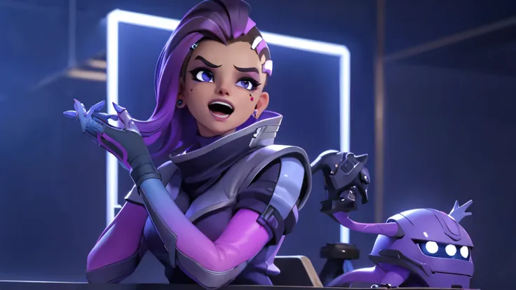 sombra, purple eyes, mole under the eye], compensate, make eye contact, happy, laughter, open your mouth, sitting, extremely fin...