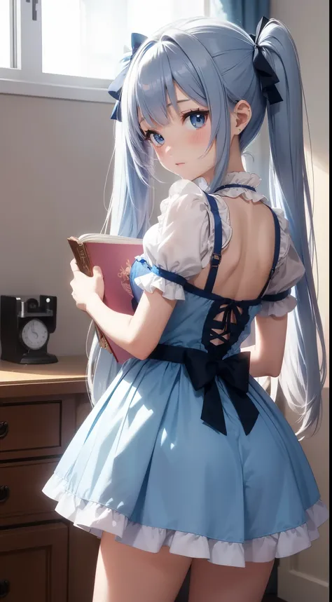  Anime cute girl　８ＫHigh resolution　strange　Whimsical　Science Fiction Fantasy　Alice in Wonderland　Room at home　Super Mini Skirt Maid Alice　A teddy bear floating in the room、Floating Book, hang on.　Solo Girl, A sweet, innocent and beautiful face, A girl with...