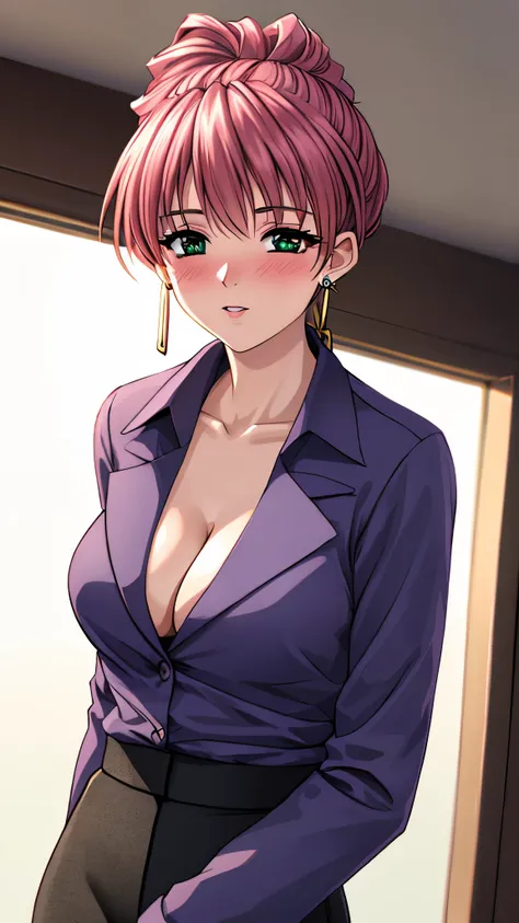 （（super high quality,））（（Ultra-high resolution,））（16k,）（super masterpiece,）（（Ultra HD ,））（Detailed shading,）Upper body photo looking at the camera,One sexy woman,Hair tied up,Pink suit with two buttons fastened,Popped tight open collar BLACK shirts with th...