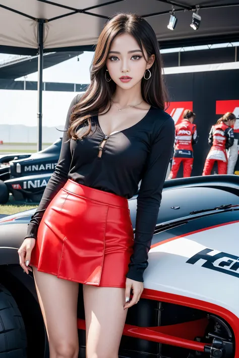 (masterpiece), ( motogp racing girls), (eyeliner:0.5),(blush:0.5), black hair, a faint smile, refers to a beautiful and delicate...