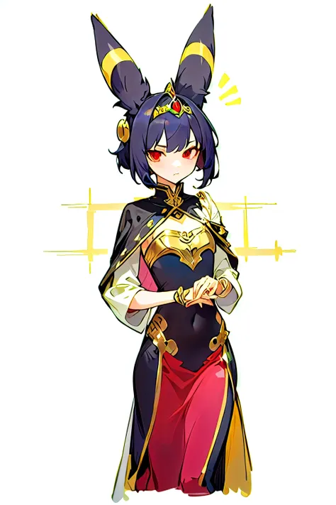 A medieval princess with Umbreon-like ears, inspired by the attire of Arab royalty during the later medieval period. She wears an elegant royal gown adorned with intricate gold embroidery and patterns, reflecting the noble fashion of the late Middle Ages. ...