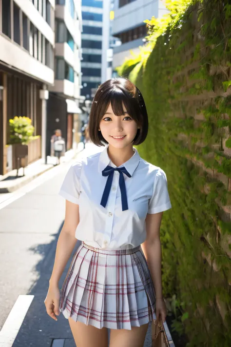 1 young girl,very cute and beautiful japanese teen actress,highly detailed beautiful face,
short hair,looking at viewer,smile,happy,white blouse,ribbon,pleated plaid mini skirt,ultra short skirt,
narrow alley in tokyo,stone wall in front of modern building...