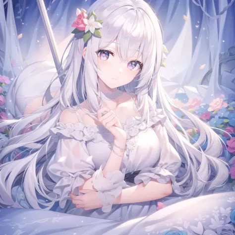 ((masterpiece, Best quality))++, Detailed lighting+,  Fine hair+, Detail Hand+ ,1 girl, miss, Long hair,   Crimson eyes,  Beautiful eyes, Young gray hair,(Beautiful white hair:1.5),(Beautiful and delicate eyes),    {{angle}} , Very detailed wallpaper, Very...