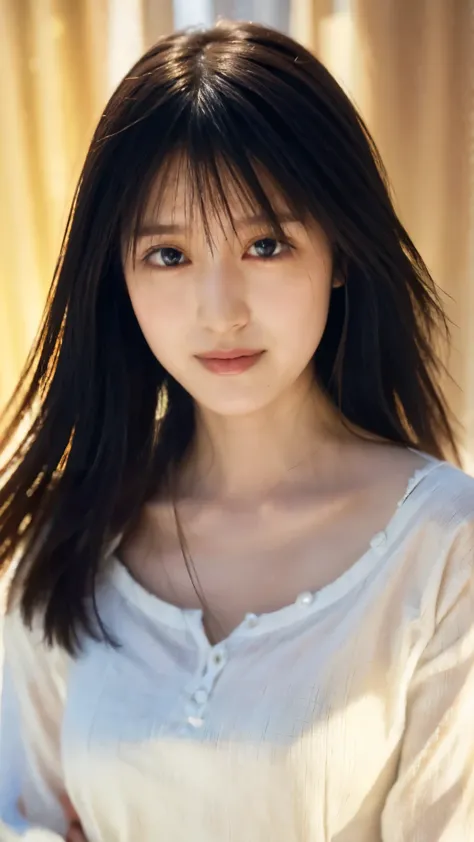 Blouse clothing:2.55, Everything modern:1.66, Cute Japanese Women Photos, 20 years old, oil, One Length Hair＆Hair straightening balm:1.55, (photo Realistic:1.4), (hyper Realistic:1.4), (Realistic:1.3), (Smoother lighting:1.05), (Improving the quality of ci...