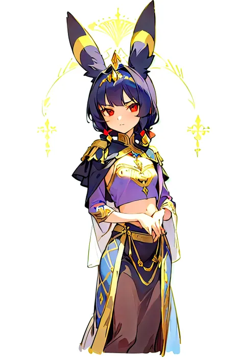 A medieval princess with Umbreon-like ears, inspired by the attire of Arab royalty during the later medieval period. She wears an elegant royal gown adorned with intricate gold embroidery and patterns, reflecting the noble fashion of the late Middle Ages. ...