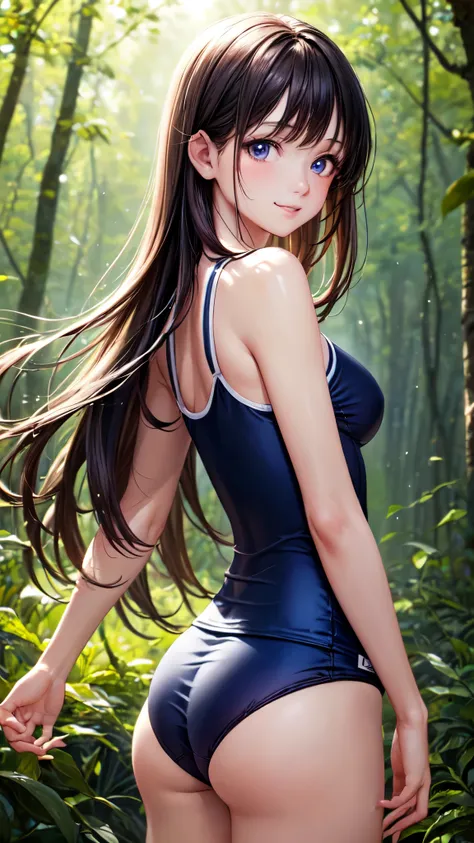 ((masterpiece,best quality,ultra detailed,high resolution)),sunlight,looking viewer,((solo,girl)),skinny,straight hair,(beautiful detailed face,beautiful detailed eyes),(finely detailed skin,fair skin),medium breast,light_smile,cowboy shot,(school swimsuit...