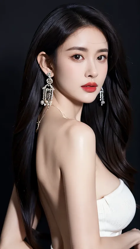 Ultra HD resolution,earrings,Long hair,Black background,Black backless dress,necklace,H Cup,Showing cleavage,Show more breasts,Amazing breast size,nipple,Expose the areola,Breast enlargement,Smooth and beautiful back,Completely bare back,Cool white skin,Bi...