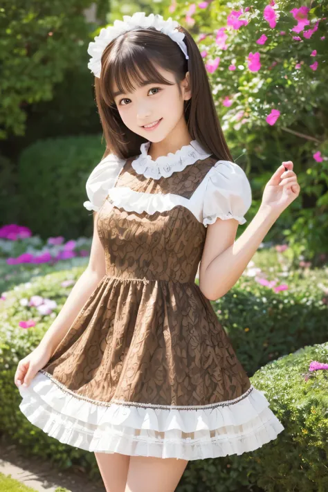 1 young girl,very cute and beautiful japanese teen actress,highly detailed beautiful face,
looking at viewer,smile,beautiful legs,solo,
(geometrical pattern lolita brown dress with detailed frills:1.15),detailed lace,
flower garden,shrubbery,real person,ph...