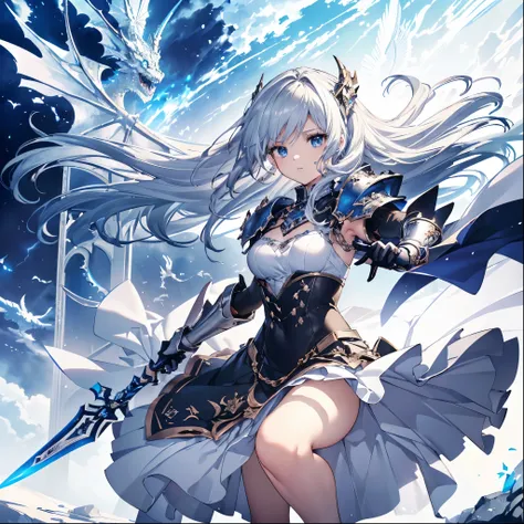 （（（masterpiece）））， （（（Highest quality at its best）））），((((masterpiece, Highest quality, Ultra-high resolution)))), One Girl, Combat pose, Holding a sword in both hands, Silver Price, Dragon Knight,Medium-long silver hair, Sky blue eyes, Detailed white vict...